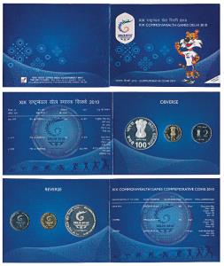 2010 Proof Set, XIX Commonwealth Games Delhi, set of 3, Rupees 2 to Rupees 100. In immacul
