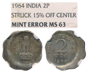 Cupro Nickel, 2 Paisa, 1964, struck 15% off centre, Mint error. Graded by NGC MS63.