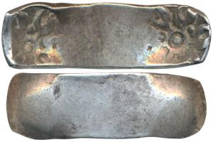 Archaic Punch Marked Coinage, attributed to Gandhara Janapada, Bent Bar, Silver 5 Shana, 1