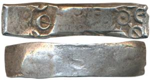 Archaic Punch Marked Coinage, attributed to Gandhara Janapada, Bent Bar, Silver 5 Shana, 1