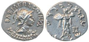 Indo-Greeks, Menander I, Silver Drachm, 2.43g, obv. helmeted bust of the king to right wit