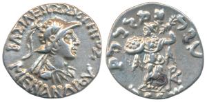 Indo-Greeks, Menander I, Silver Drachm, 2.42g, obv. helmeted bust of the king to right wit