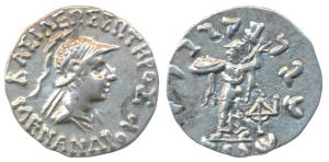 Indo-Greeks, Menander I, Silver Drachm, 2.44g, obv. helmeted bust of the king to right wit