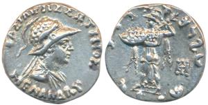 Indo-Greeks, Menander I, Silver Drachm, 2.47g, obv. helmeted bust of the king to right wit