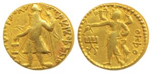 Kushanas, Kanishka I (c. 127/8-152 AD), Gold Dinar, 7.88g, obv. caped and crowned king sta