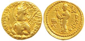 Kushanas, Huvishka (c. 152-192 AD), Gold Dinar, 7.84g, Mint I (A), 4th emission, obv. nimb