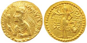 Kushanas, Huvishka, Gold Dinar, 7.91g, obv. nimbate, diademed and crowned half-length bust