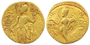Guptas, Samudragupta, Gold Dinar, 7.13g, ‘Kacha’ type, obv. king standing to left, holding