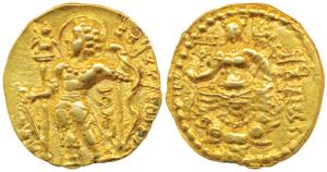 Guptas, Chandragupta II, Gold Dinar, 8g, ‘Archer’ type, obv. king nimbate, standing left h