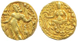 Guptas, Chandragupta II, Gold Dinar, 8g, Archer type, obv. king nimbate, standing left hol