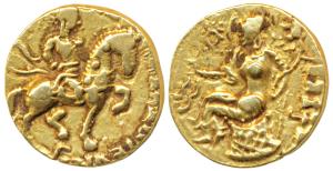 Guptas, Chandragupta II (c. 380-413 AD), Gold Dinar, 7.8g, ‘Horseman’ type, obv. king ridi