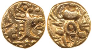 Karkotakas of Kashmir, Pratapaditya, Base Gold, 7.45g, obv. seated goddess with legend, re