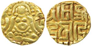 Kalachuris of Tripuri, Gangeya Deva, Gold Dinara, 3.96g, obv. Goddess Lakshmi seated facin