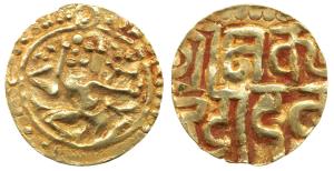 Kanhada Deva, Gold 4 ½ Masha, 3.4g, obv.warrior in Veera-bhadra asana facing front with he
