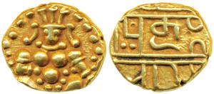 Nayakas of Chitradurga, Gold Durgi Pagoda or Hon, 3.27g, obv. Krishna as BalGopala, rev. D
