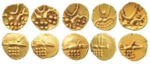Hoysalas, Vira Raya, Gold Fanam, 0.40g, obv. stylized lion standing right with crescent ab