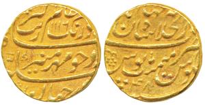Aurangzeb, Gold Mohur, 10.92g, Dar-ul-Khilafat Shahjahanabad Mint, AH 1116/48 (KM 315.42).