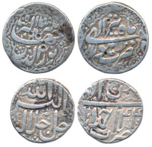 Jahangir, Silver Rupee, 11.23g, Lahore Mint, Month Tir, RY 7, ornamental border; Akbar, Si