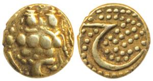 Haider Ali, Gold Fanam, 0.34g, obv. Shiva and Parvati, rev. Persian letter ‘He’ on a granu