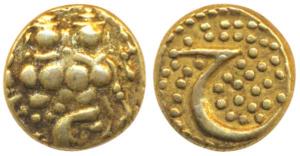 Haider Ali, Gold Fanam, 0.37g, obv. Shiva and Parvati, rev. Persian letter ‘He’ on a granu