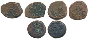 Tranquebar, Frederik VI (1808-1839 AD), Copper 4 Cash (3), 1822, 1830, 1831 obv. crowned F