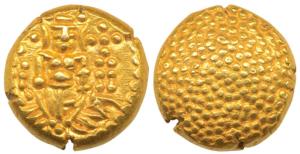 Negapatnam, Gold Pagoda, 3.35g, obv.Lazy J with Lord Vishnu standing, facing front, rev. g