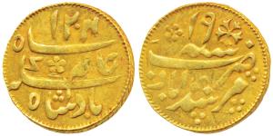 Murshidabad Mint, Gold ¼ Mohur, 3.12g, in the name of Shah Alam II, AH 1204/19, oblique mi