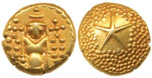 Star Gold Pagoda, 3.4g, single Swami (Balaji-Tirupati) standing facing front on obv. star 
