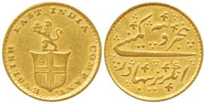 Gold Rupees 5 or 1/3 Mohur, 3.87g, obv. company arms with a lion holding a crown, rev. Per