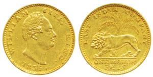 William IV, Gold Mohur, 1835, Calcutta Mint, R. S. initials incused on truncation, rev. li