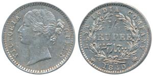 Victoria Queen, Silver ¼ Rupee, 1840, Divided Legend, Calcutta / Bombay Mint, WW raised, 1