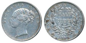 Victoria Queen, Silver ½ Rupee, 1840, Continuous legend, English Head, 19 Berries (9L+10R)