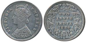 Victoria Empress, Silver 2 Annas, 1886, Bombay Mint, B / II / B incuse, (Prid 539).Very Fi