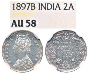 Victoria Empress, Silver 2 Annas, 1897, Bombay Mint, B / II / B incuse, (Prid 551).Graded 