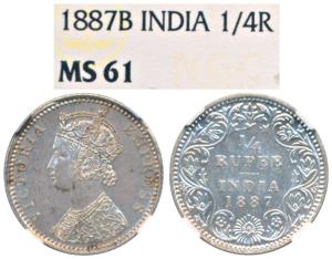 Victoria Empress, Silver ¼ Rupee, 1887, Bombay Mint, C / II / B raised, (Prid 420).Graded 