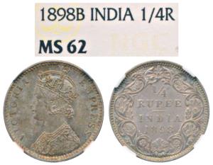 Victoria Empress, Silver ¼ Rupee, 1898, Bombay Mint, C / I / B incuse, (Prid 431). Graded 