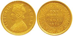 Victoria Queen, Gold Mohur, 1875, two flower type, V in Jabbot (Prid 13). Minor edge knick