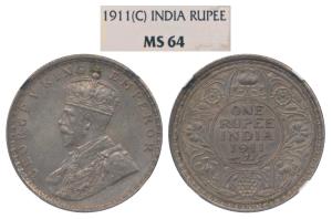 George V, Silver Rupee, 1911, Calcutta Mint, (Prid 207). Graded by NGC MS64, Rare.