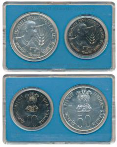 1975 Uncirculated Set, Equality Development and Peace, set of 2, Rupees 10 and 50. In imma