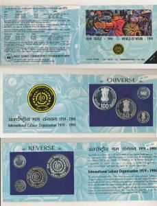 1994 Proof Set, World of work, set of 3, Rupees 5 to 100. In immaculate condition, within 