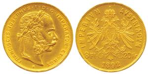 Austria, Franz Joseph I, Gold 8 Florins, 20 Francs, 6.5g, 1892.Restrike.About Uncirculated