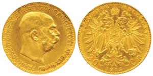Austria, Franz Joseph I, Gold 20 Corona, 6.77g, 1915 (KM 2818). Restrike Extremely Fine.