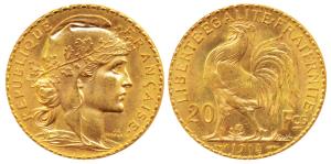 France, Gold 20 Francs, 6.5g, 1914, Liberty on obv. rooster divides value on rev. (KM 857)