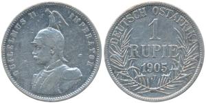 German East Africa, Wihelm II, Silver Rupee, 1905J. (KM 10).About Very Fine.