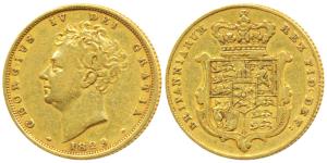Great Britain, George IV, Gold Sovereign, 8g, 1829, shield on rev. (KM 696). Very Fine, Ra