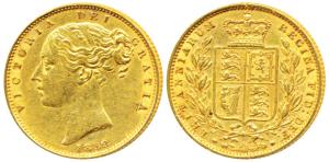 Great Britain, Victoria Queen, Gold Sovereign, 8g, 1852, Young head, Shield on rev. (KM 73