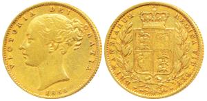 Great Britain, Victoria Queen, Gold Sovereign, 8g, 1856, Young head, Shield on rev. (KM 73