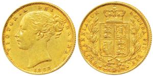 Great Britain, Victoria Queen, Gold Sovereign, 8g, 1862, Young head, Shield on rev. (KM 73