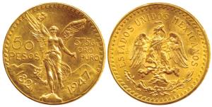Mexico, Gold 50 Pesos, 41.61g, 1947, obv. Centennial of Independence, rev. winged Victory 