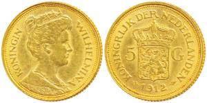 Netherlands, Wilhelmina Gold 5 Gulden, 3.33g, 1912.(KM 151).A popular one year type, About